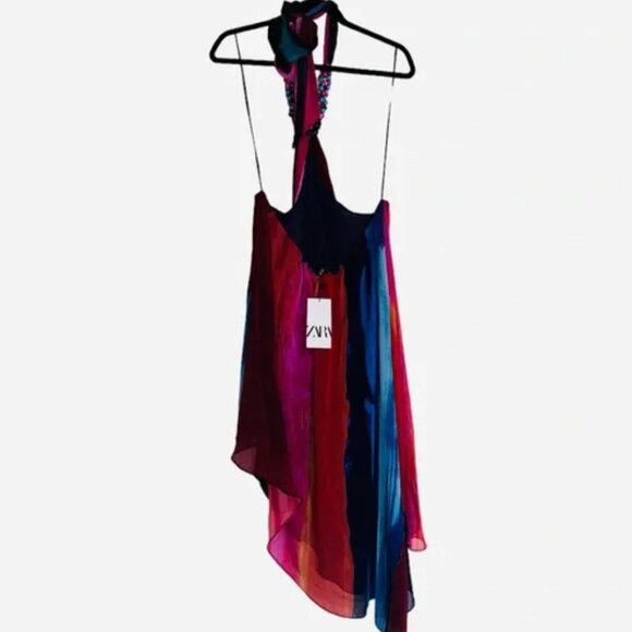 NWT ZARA BEADED HALTER DRESS OPEN BACK ASYMMETRIC BLOGGERS FAV - Picture 9 of 10